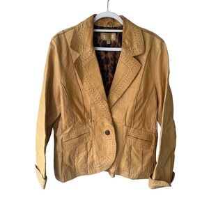 Wilsons Leather Vintage 90s Y2K Tan Blazer Size XL Retro Animal Print Interior